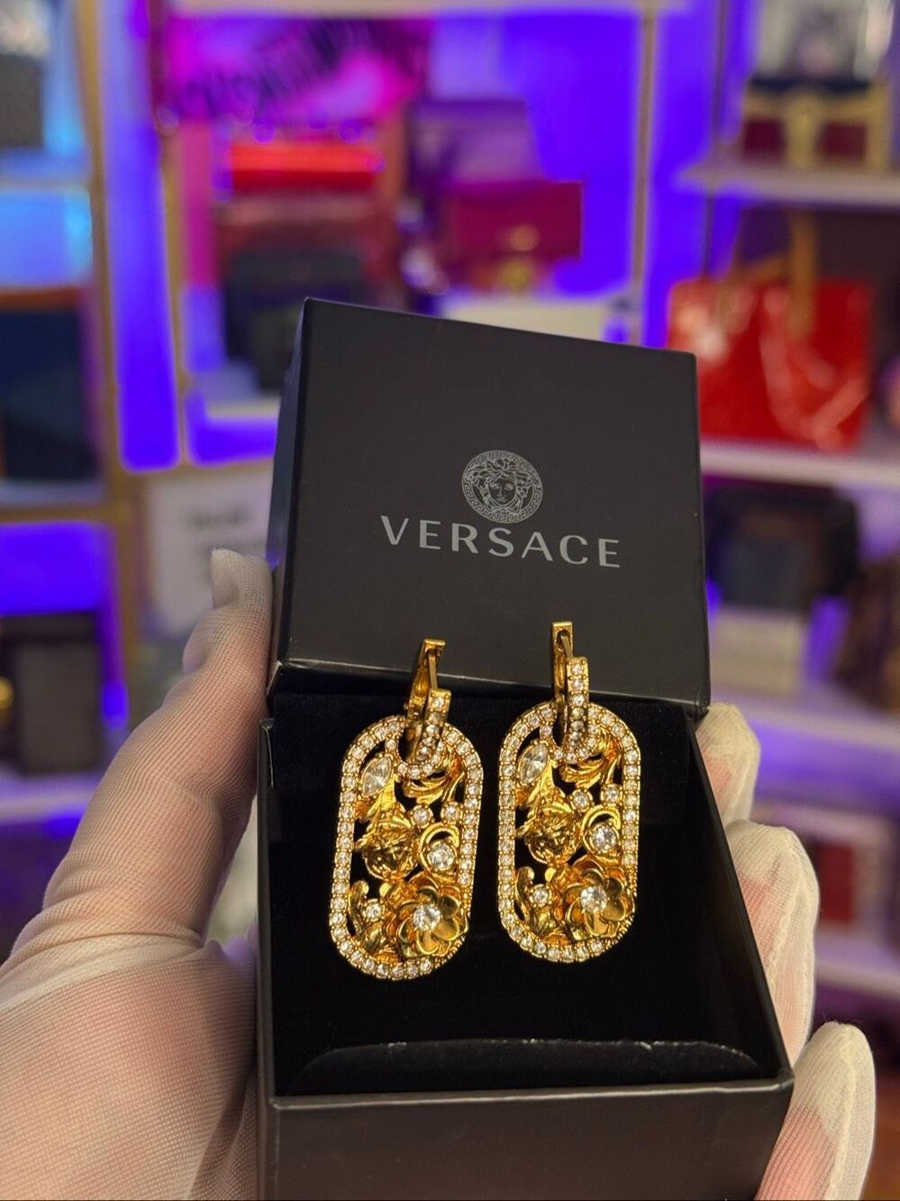 $775 Authentic Versace Gold Plated Baroque Rose Crystals Medusa Earrings